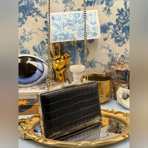 🆕 JASON WU 🧿 NWOT Black Croc Embossed Leather Clutch, with Gold Chain Strap - Picture 2 of 16